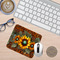 Sunflower faux tooled leather mouse pad; Rustic western floral desk mat; Stylish sunflower office pad; Decorative floral print mouse pad
